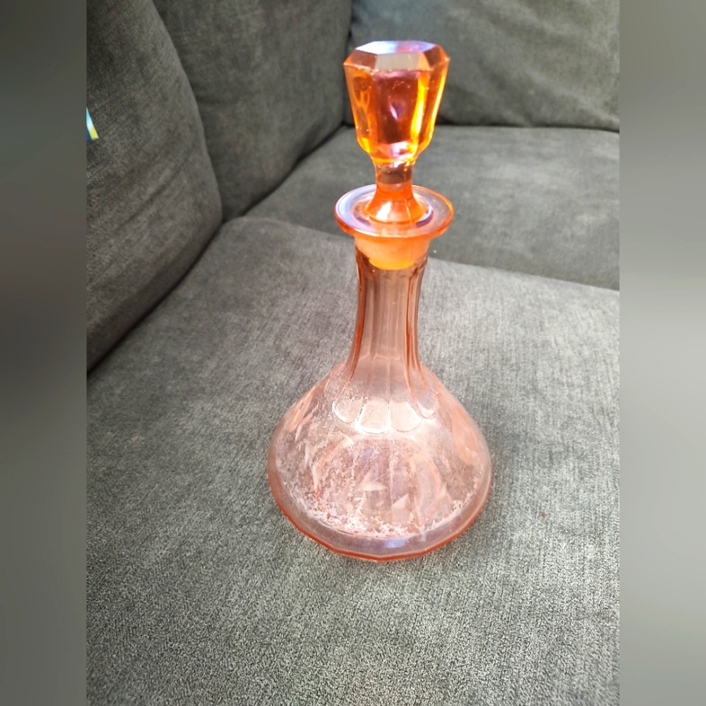 Vintage MCM pink depression glass etched decanter with stopper lid